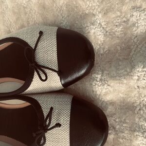 J Crew Linen and Black cap toe flat mule